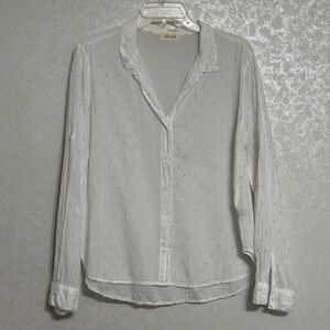 Bella Dahl Metallic Silver Thread Cotton Roll Tab Button Down Shirt White Boho L